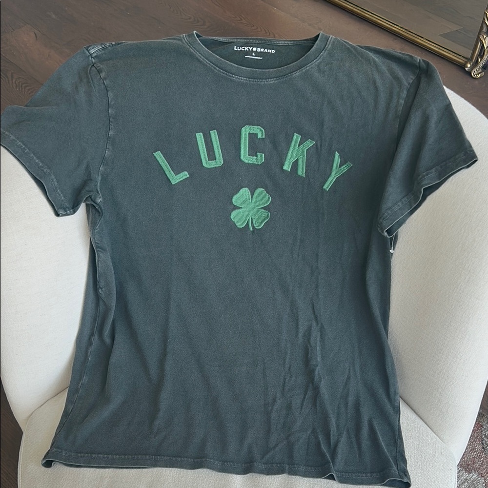 NWOT Lucky Brand Charcoal Tee with Emerald Logo